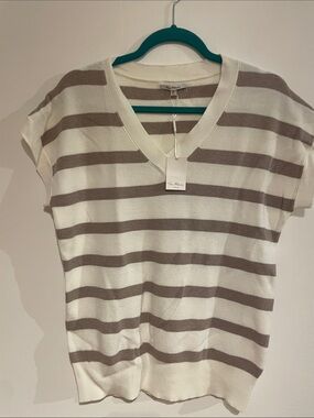 VILA Short Sleeve V-Neck Stripe Top - Cream & Taupe
